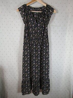 J. Crew Mercantile Black Floral Cottagecore Blouson Cap Sleeve Midi Dress XS
